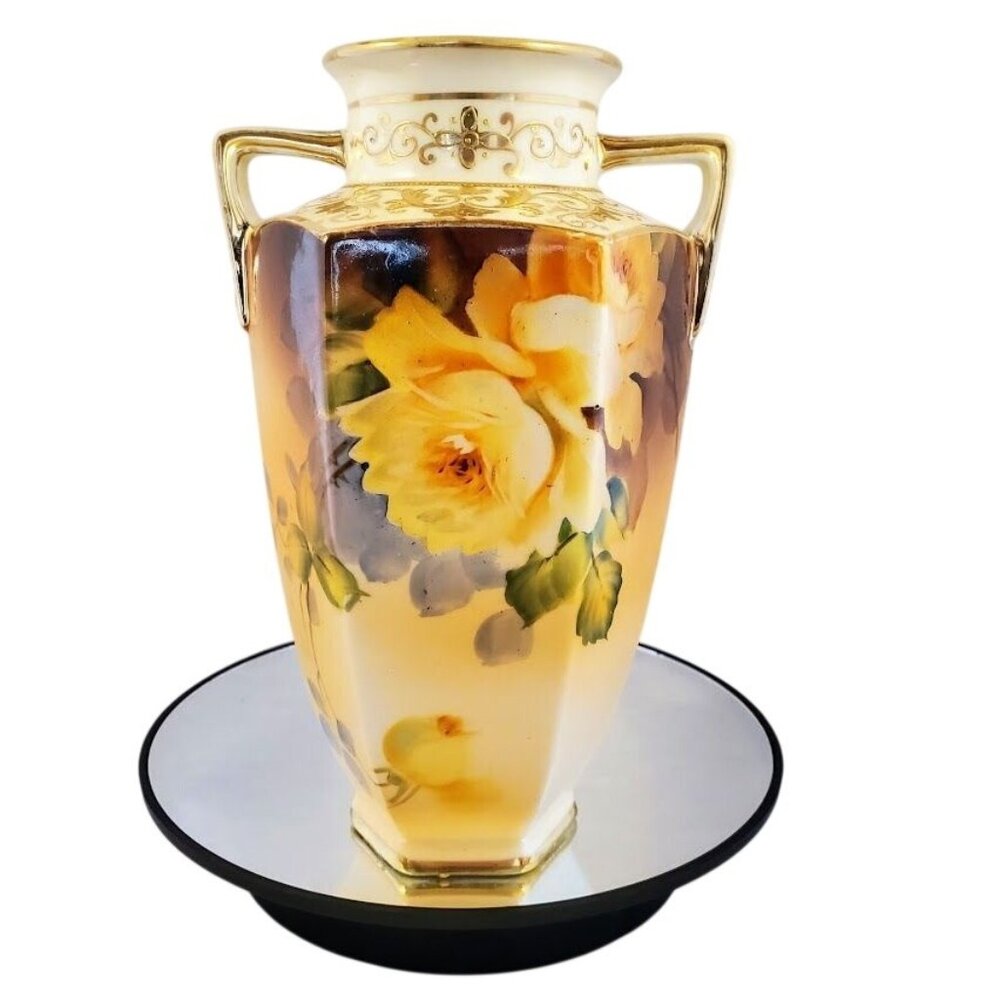 Antique Hand Painted Nippon Vase Floral Roses Gold Gilt Twin Handles c1905